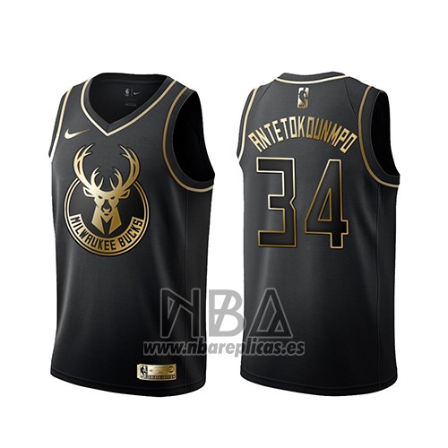 Camiseta Golden Edition Milwaukee Bucks Giannis Antetokounmpo NO 34 Negro